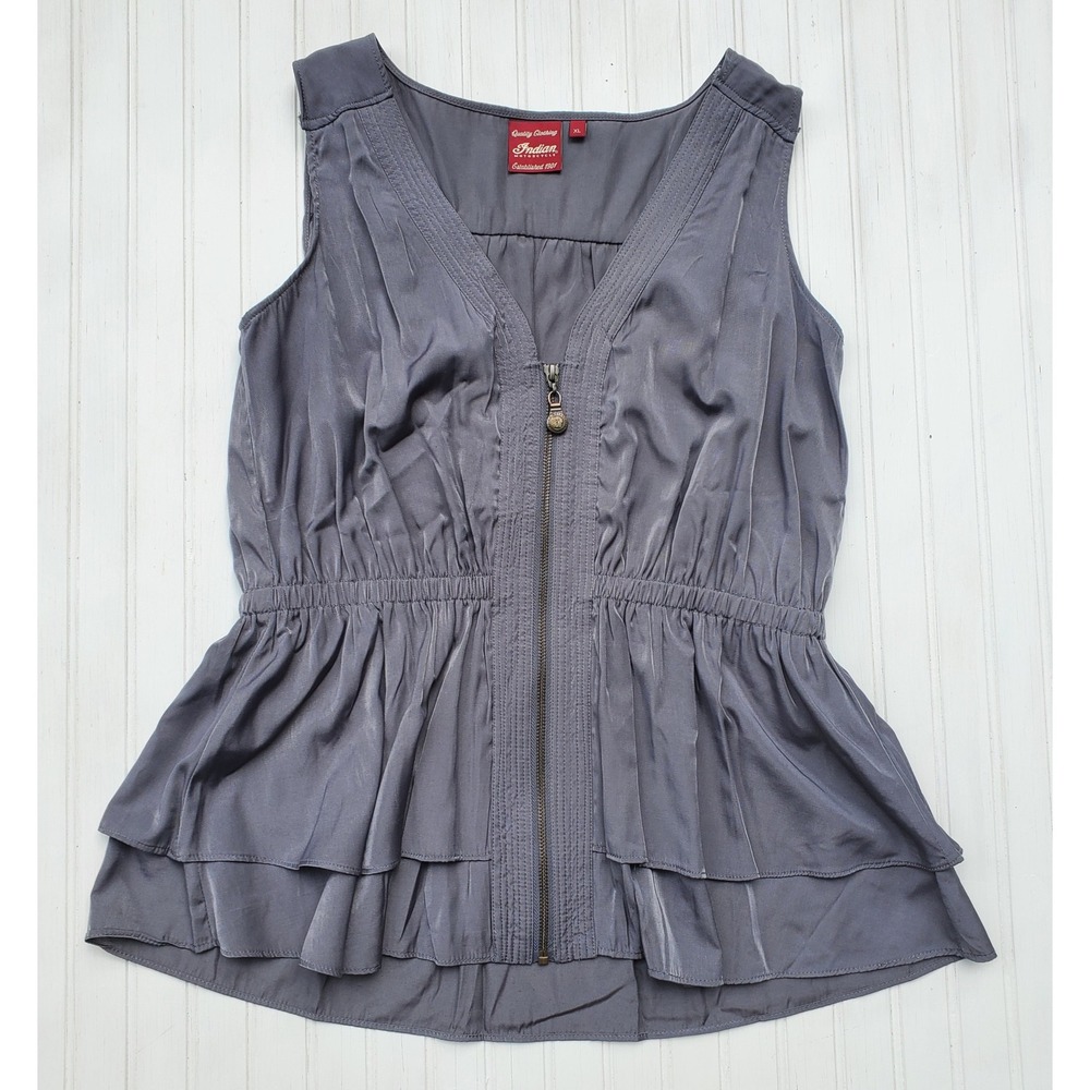 Indian Motorcycle Womens Sleeveless Zip Peplum Top Gray XL Tiered Biker Tank